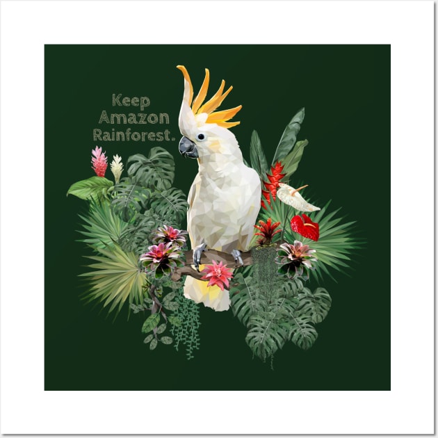 Polygonal Illustration Cockatoo bird and Amazon plants. Wall Art by Lewzy Design